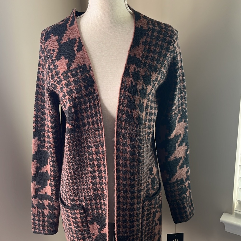 I.N. Studio Brown Black Houndstooth Long Sleeve Cardigan w Front Pockets PM - Picture 2 of 5